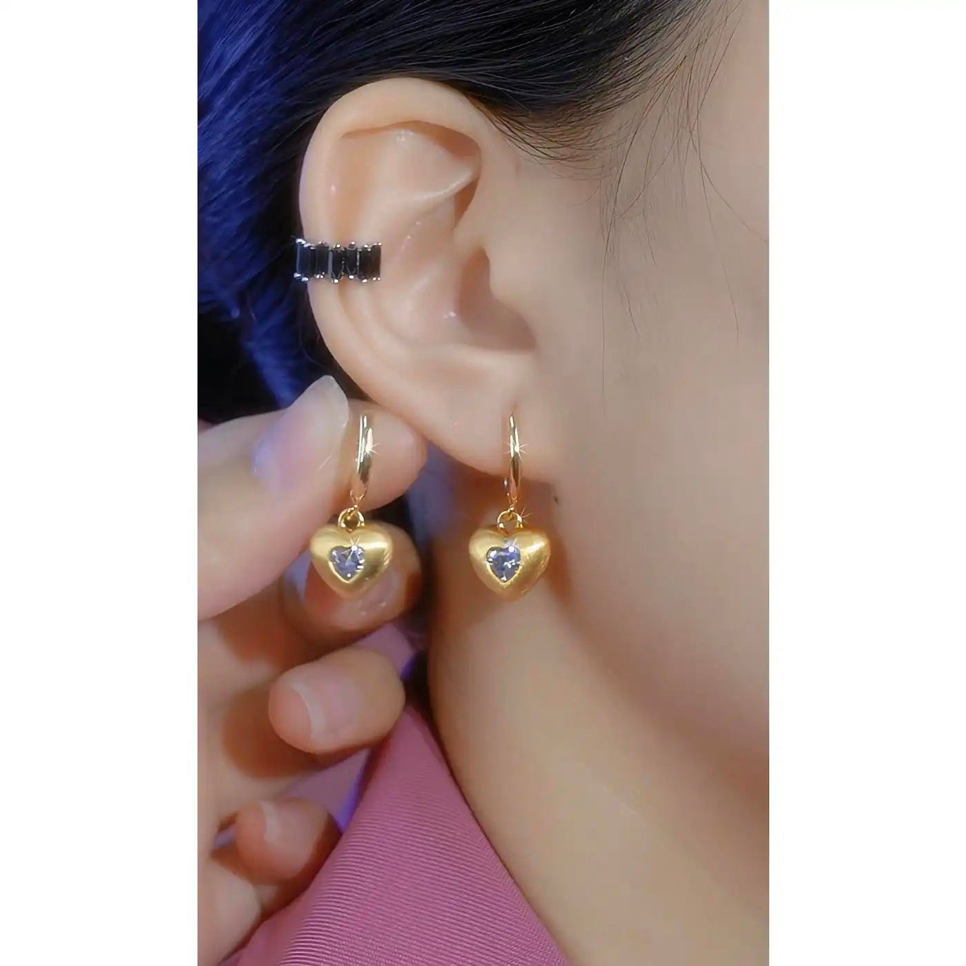 French Brushed Crystal Hollow Heart Ear Cuffs