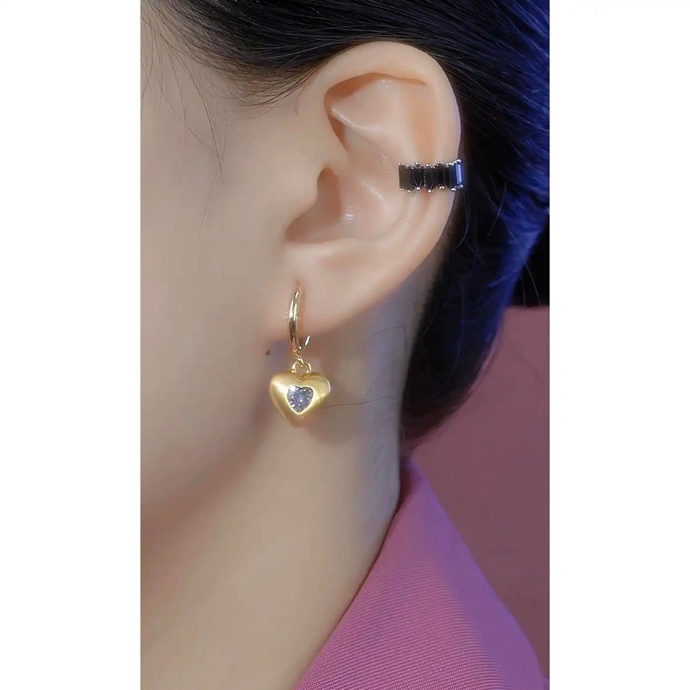 French Brushed Crystal Hollow Heart Ear Cuffs