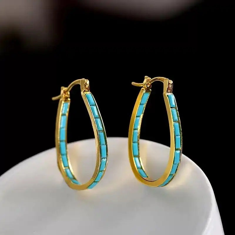 French Circle Turquoise Ins Hoop Earrings