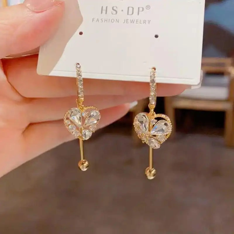 French Crystal Heart-Shaped Tassel Ear Drop Earrings