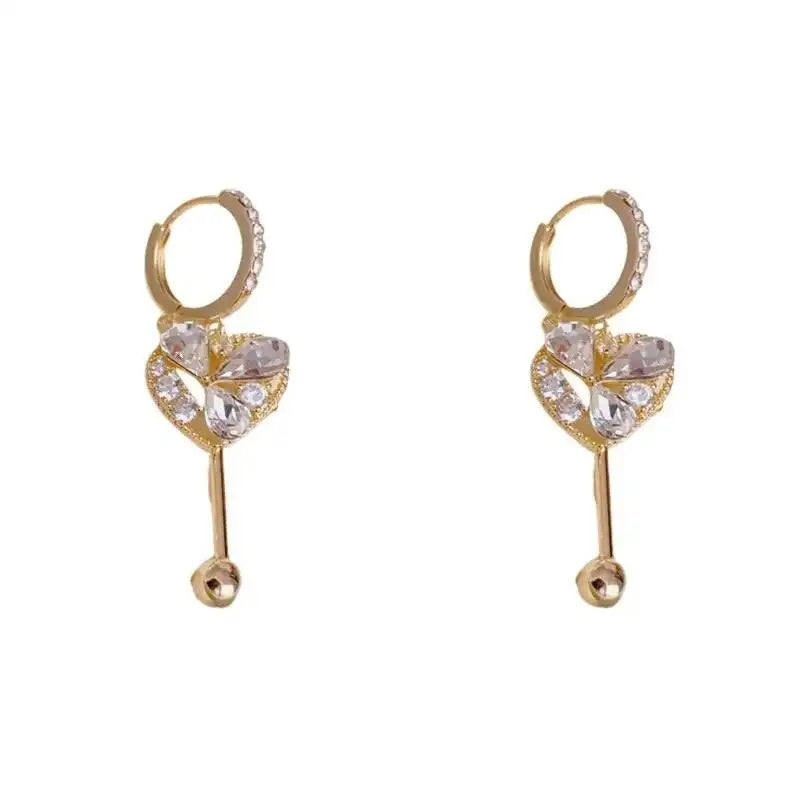 French Crystal Heart-Shaped Tassel Ear Drop Earrings