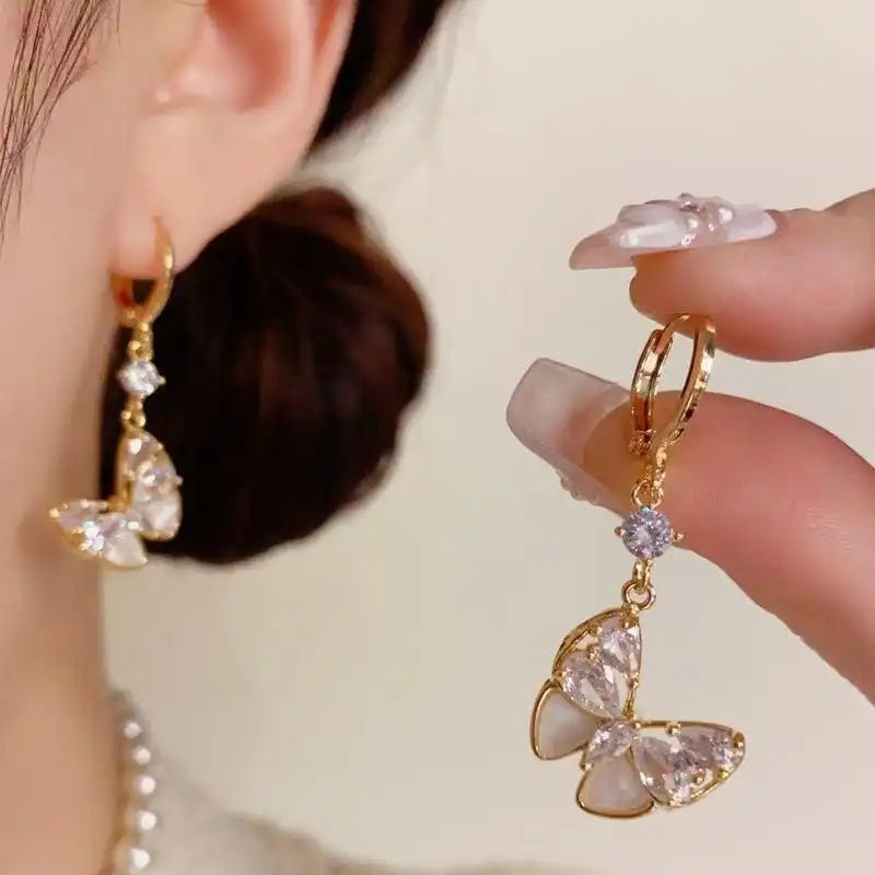 French Crystal Plate Butterfly Tassel Drop Earrings