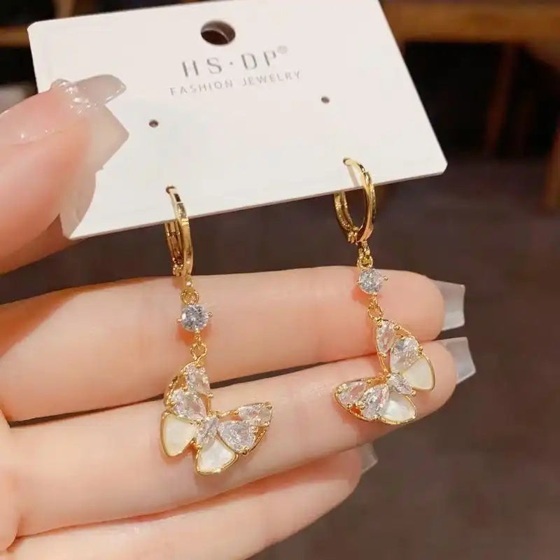 French Crystal Plate Butterfly Tassel Drop Earrings