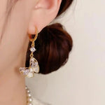 French Crystal Plate Butterfly Tassel Drop Earrings