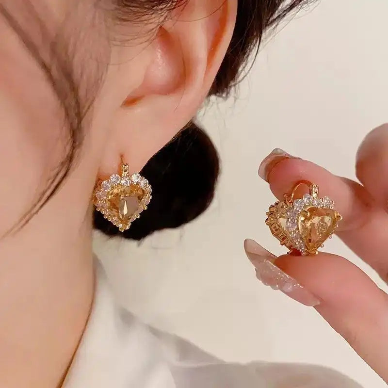French Double-Sided Heart Clip-On Crystal Stud Earrings