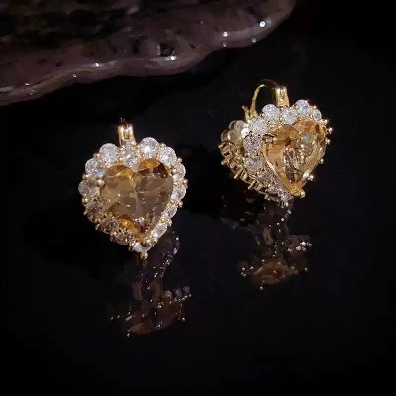 French Double-Sided Heart Clip-On Crystal Stud Earrings