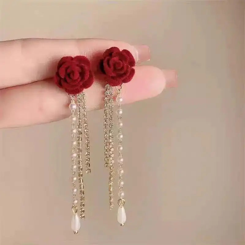 French Flocked Flower Pearl Tassel Drop Earrings