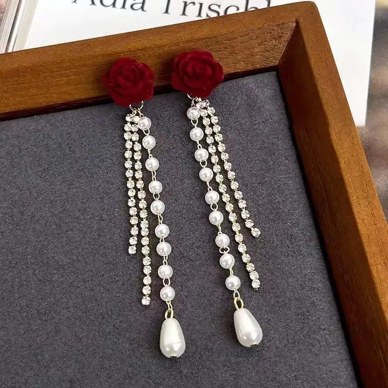 French Flocked Flower Pearl Tassel Drop Earrings