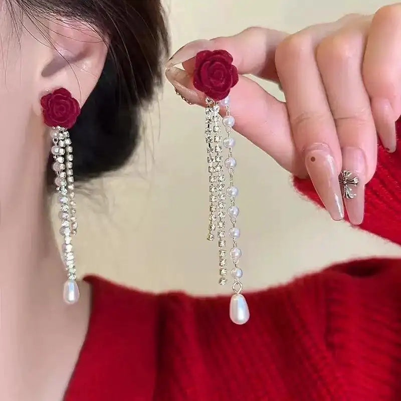 French Flocked Flower Pearl Tassel Drop Earrings