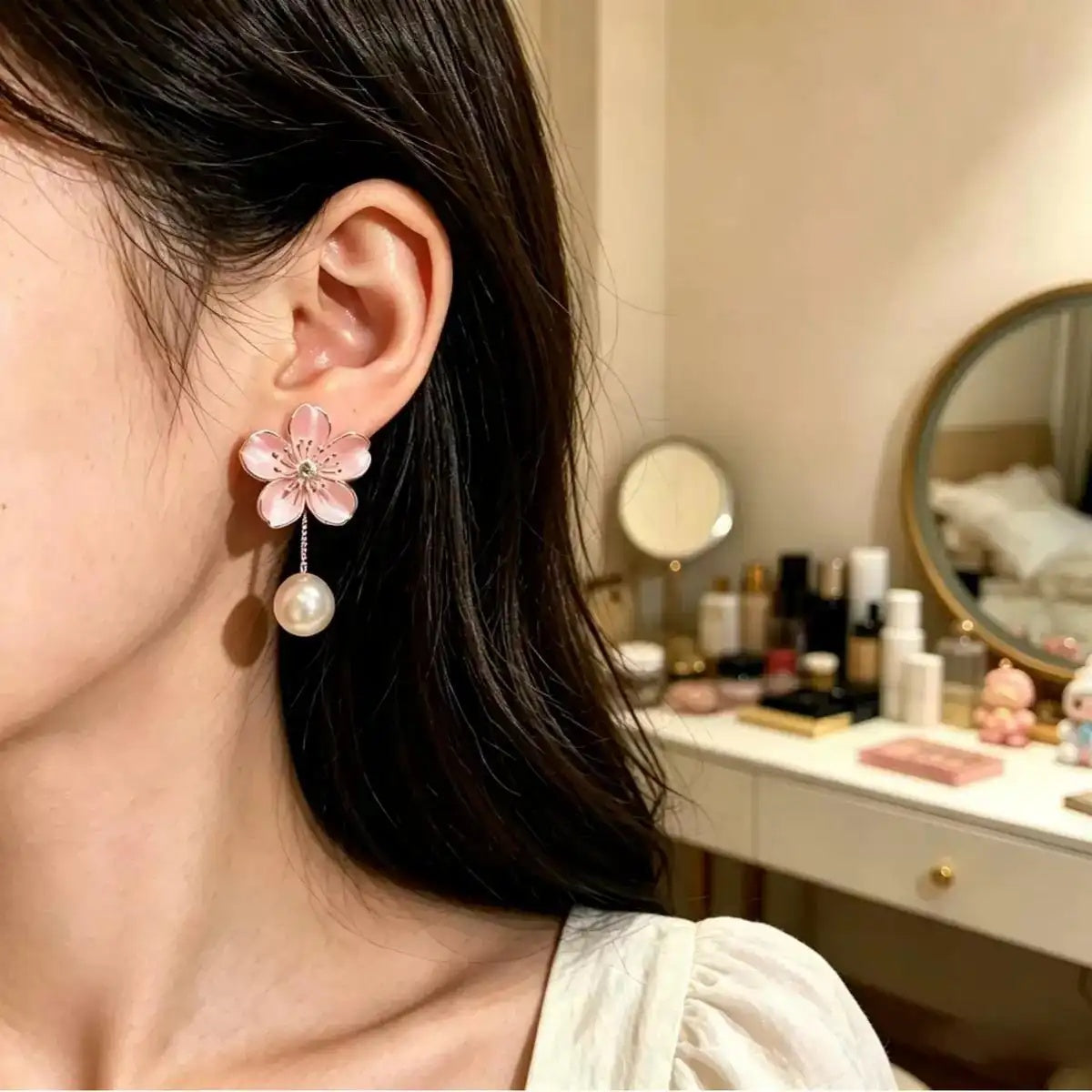 French Floral Pearl Cherry Blossom Earrings