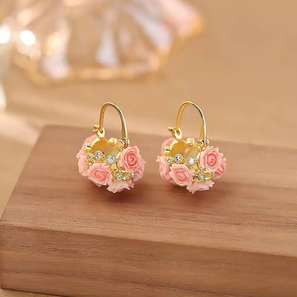 French Gentle Pink Rose Basket Earrings