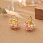 French Gentle Pink Rose Basket Earrings