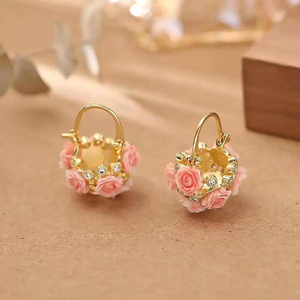 French Gentle Pink Rose Basket Earrings