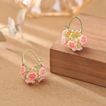 French Gentle Pink Rose Basket Earrings