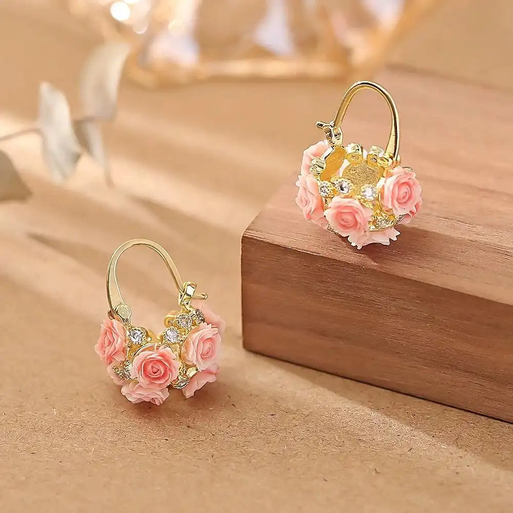 French Gentle Pink Rose Basket Earrings