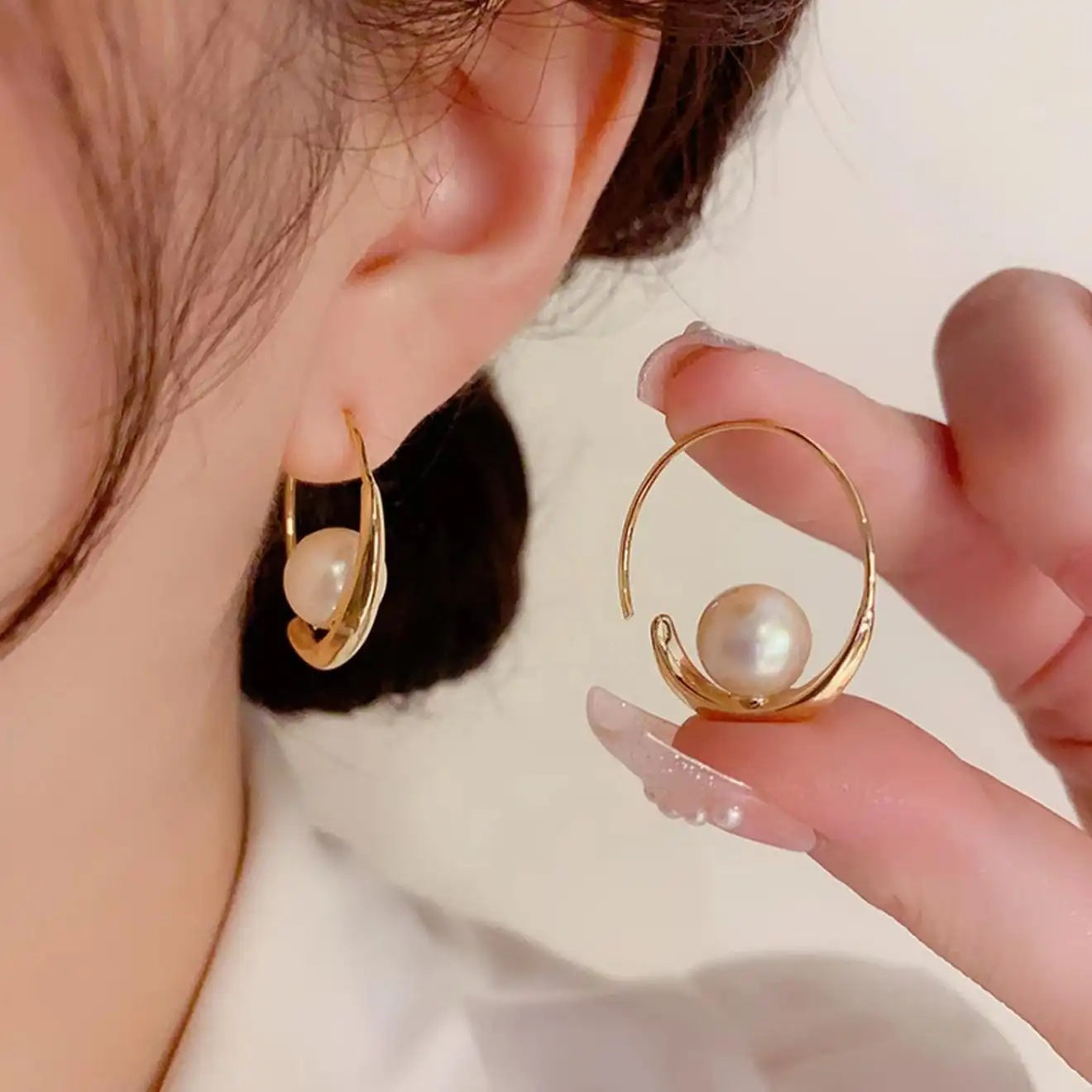 French Geometric Pearl Hoop Earrings