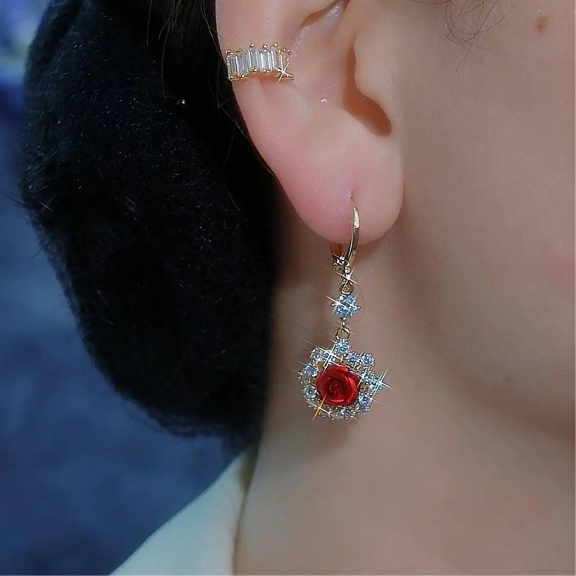 French Palace Crystal Rose Hoop Earrings
