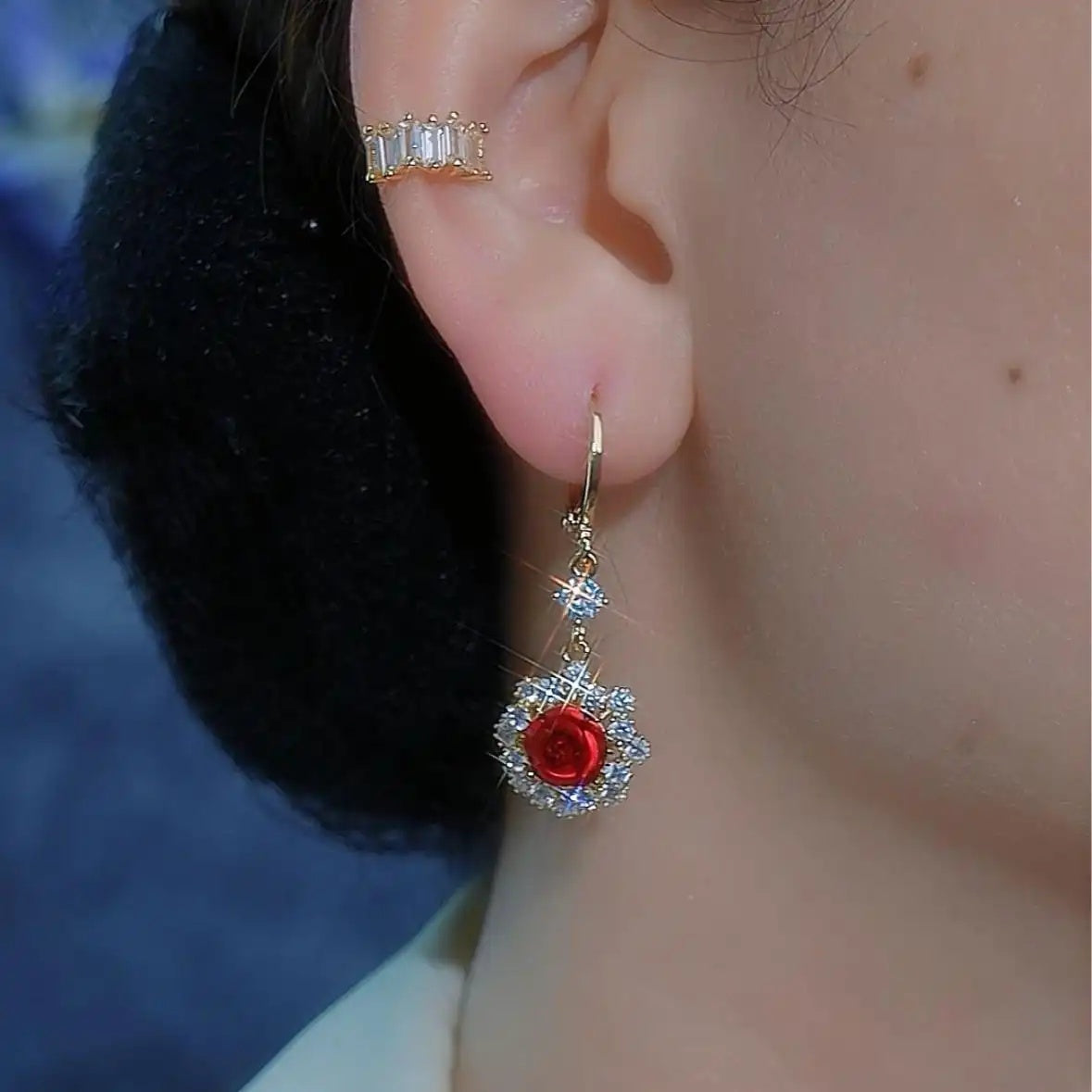 French Palace Crystal Rose Hoop Earrings