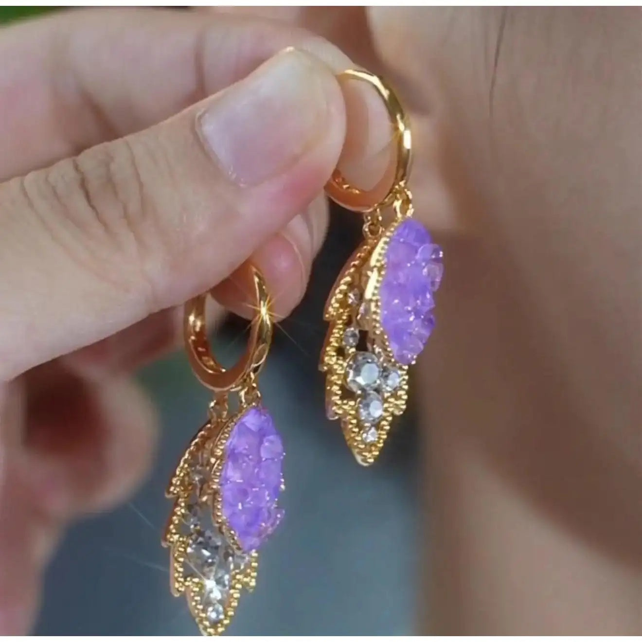 French Purple Crystal Leaf Stud Earrings