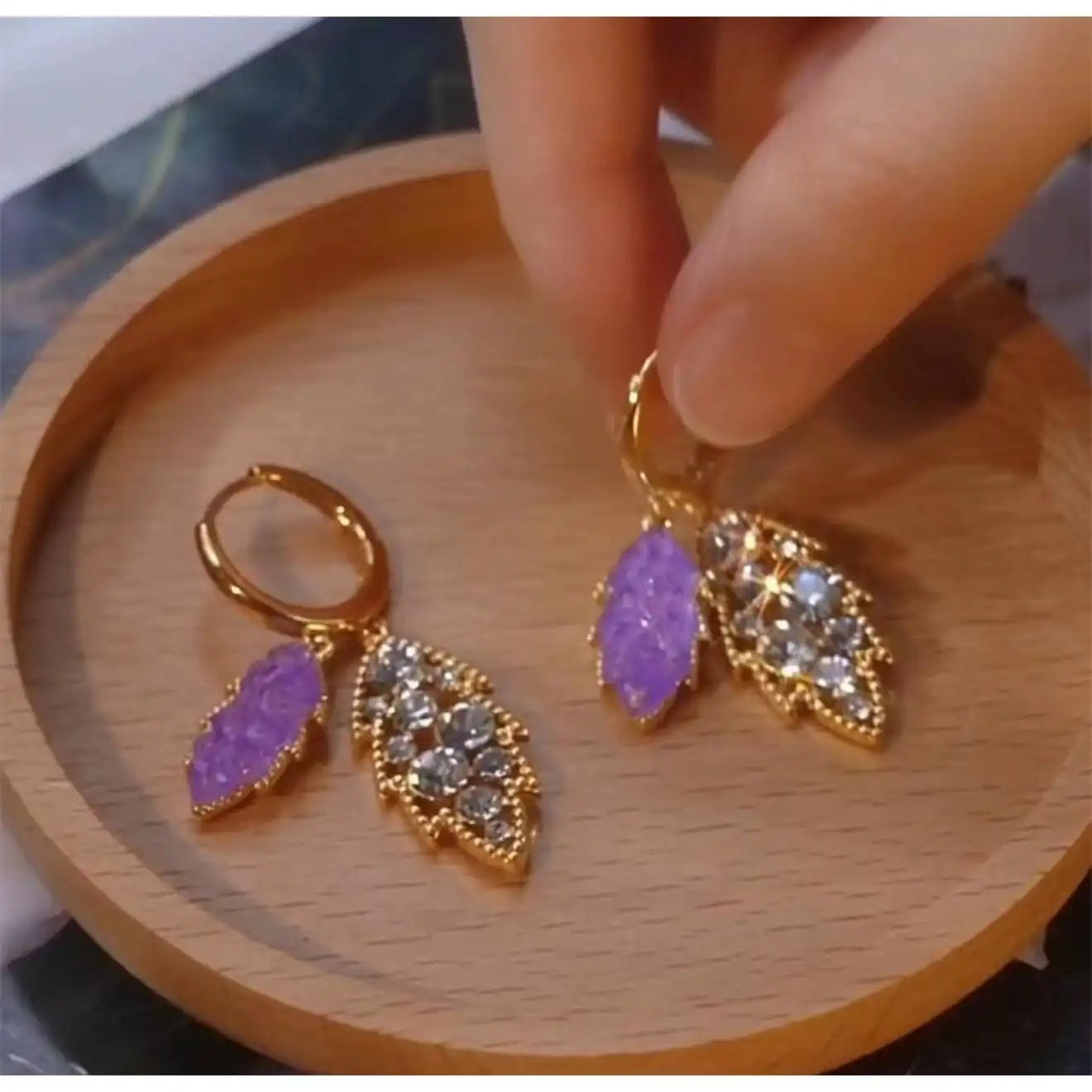 French Purple Crystal Leaf Stud Earrings