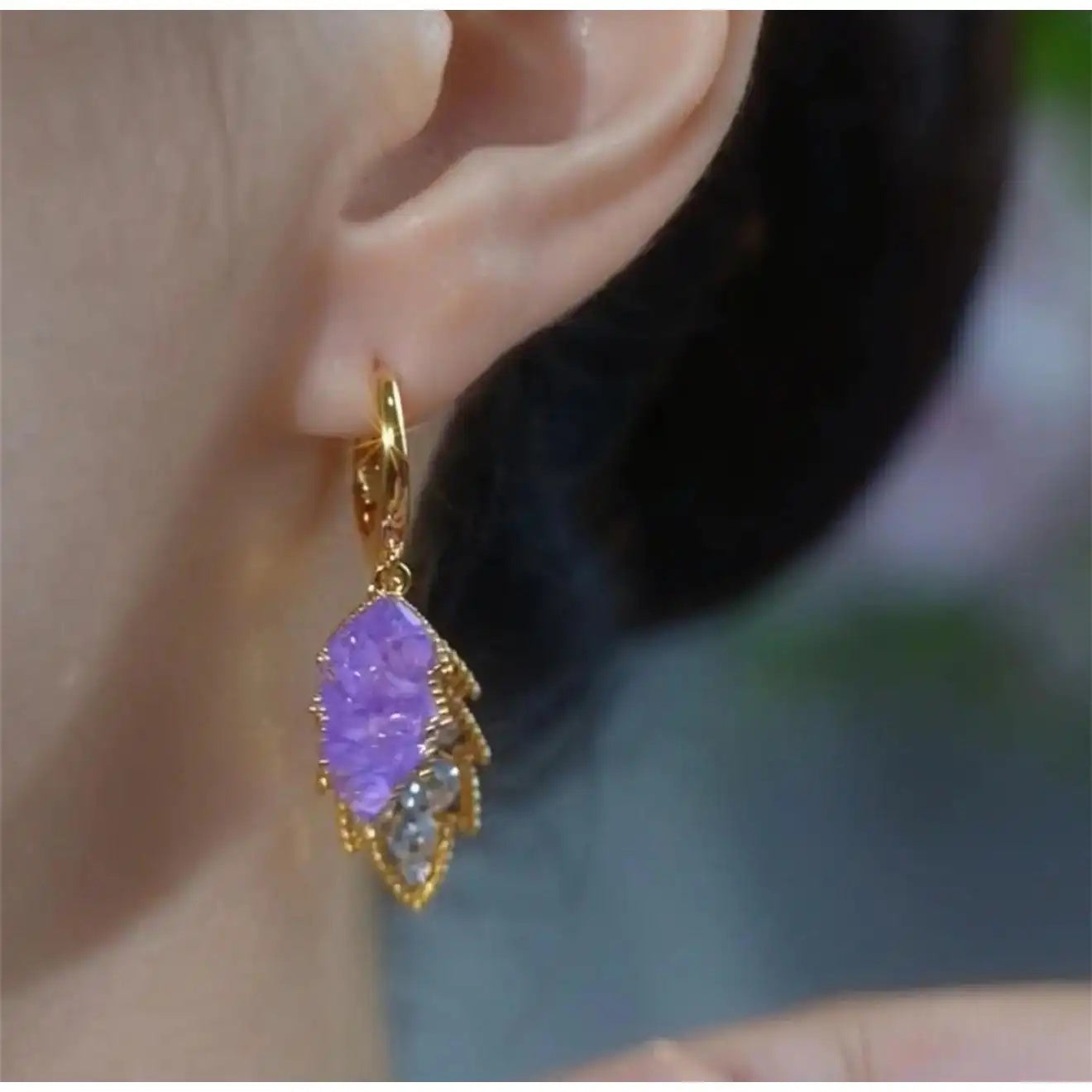 French Purple Crystal Leaf Stud Earrings