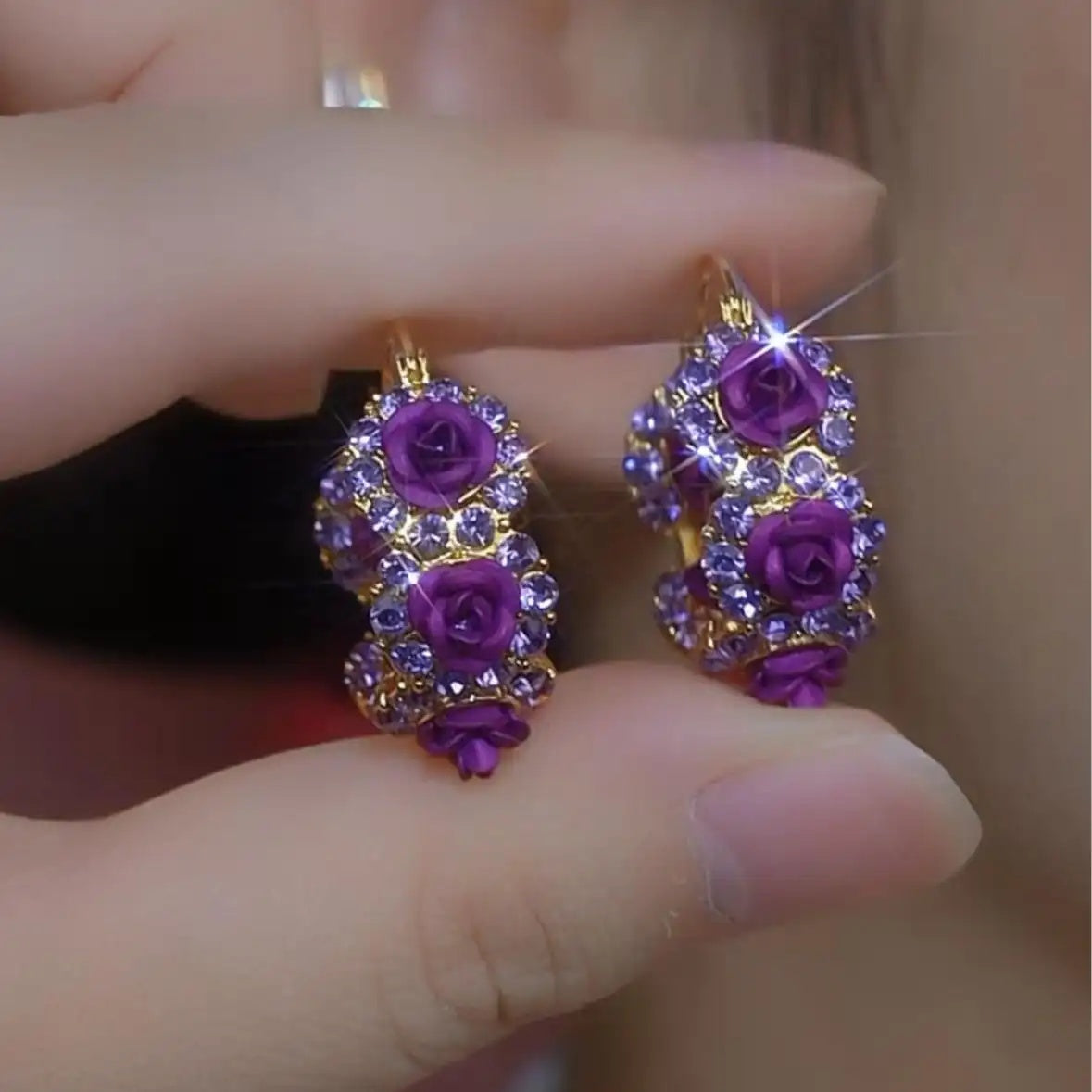 French Purple Rose Hoop Earrings