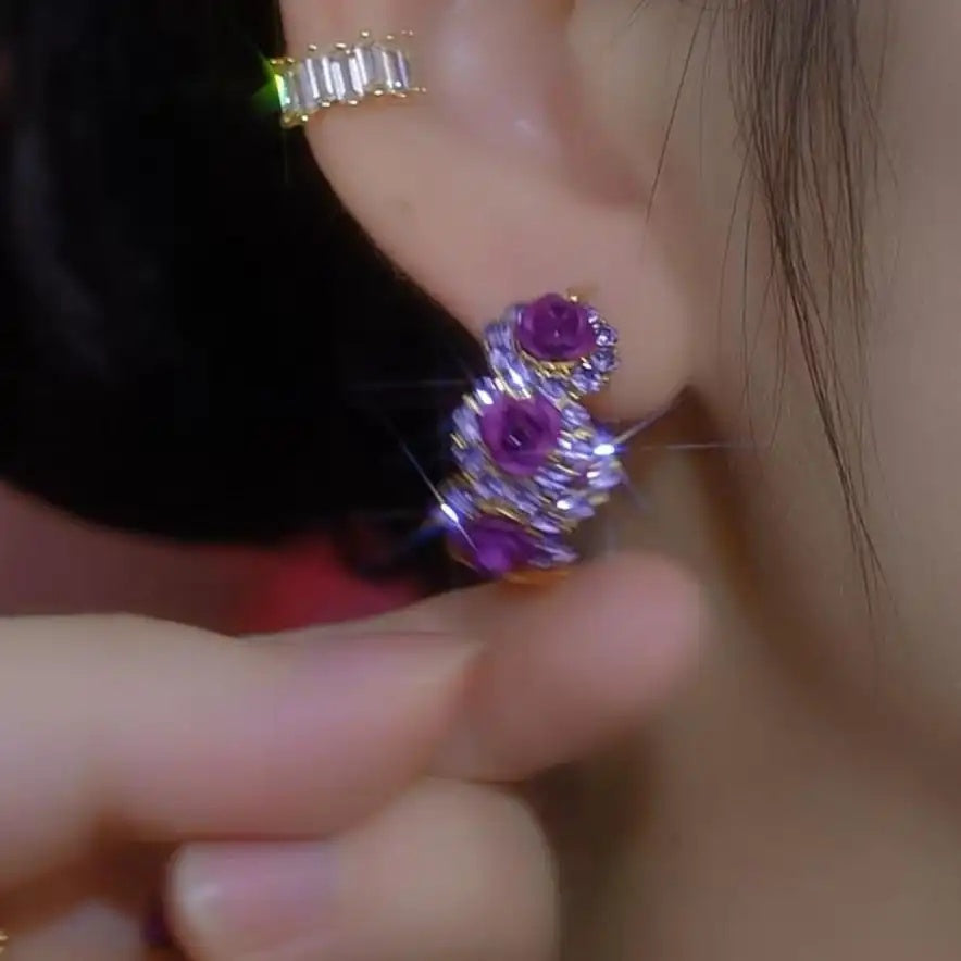 French Purple Rose Hoop Earrings