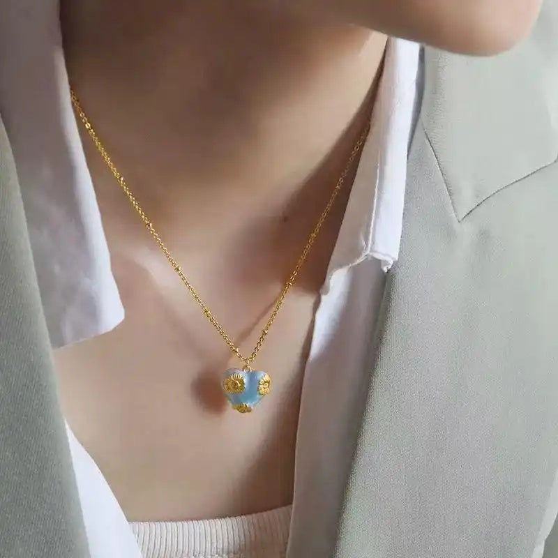 French Retro Blue Enamel Flower Pendant Necklace