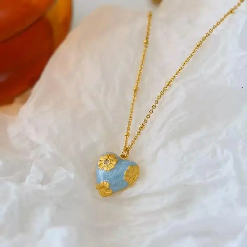 French Retro Blue Enamel Flower Pendant Necklace