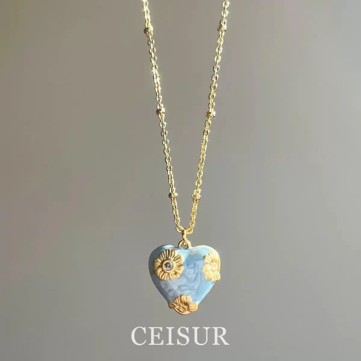 French Retro Blue Enamel Flower Pendant Necklace
