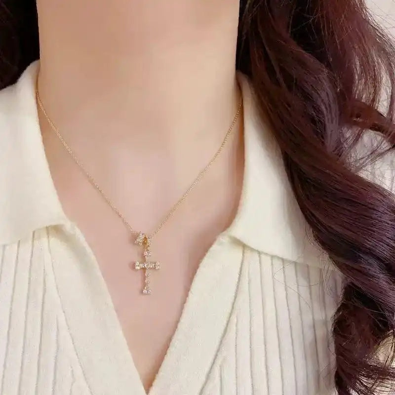 French Retro Crystal Cross Necklace