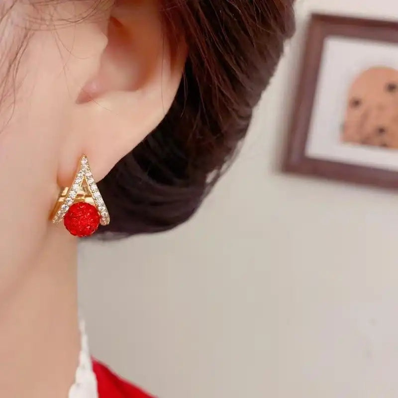 French Retro Crystal Red Ball Ear Cuffs