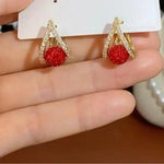 French Retro Crystal Red Ball Ear Cuffs