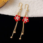 French Retro Crystal Red Petal Drop Earrings