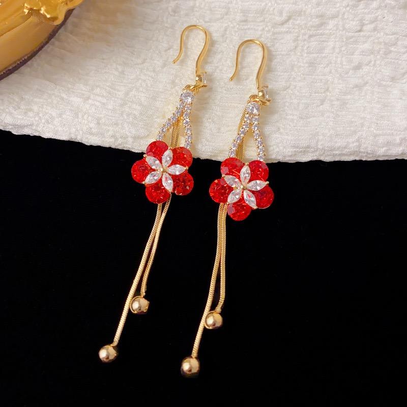 French Retro Crystal Red Petal Drop Earrings