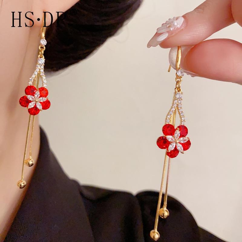 French Retro Crystal Red Petal Drop Earrings