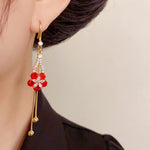 French Retro Crystal Red Petal Drop Earrings