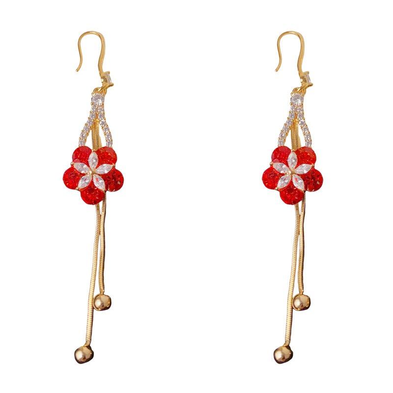 French Retro Crystal Red Petal Drop Earrings