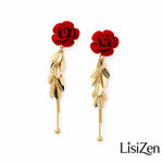 French Retro Heart Red Rose Drop Earrings