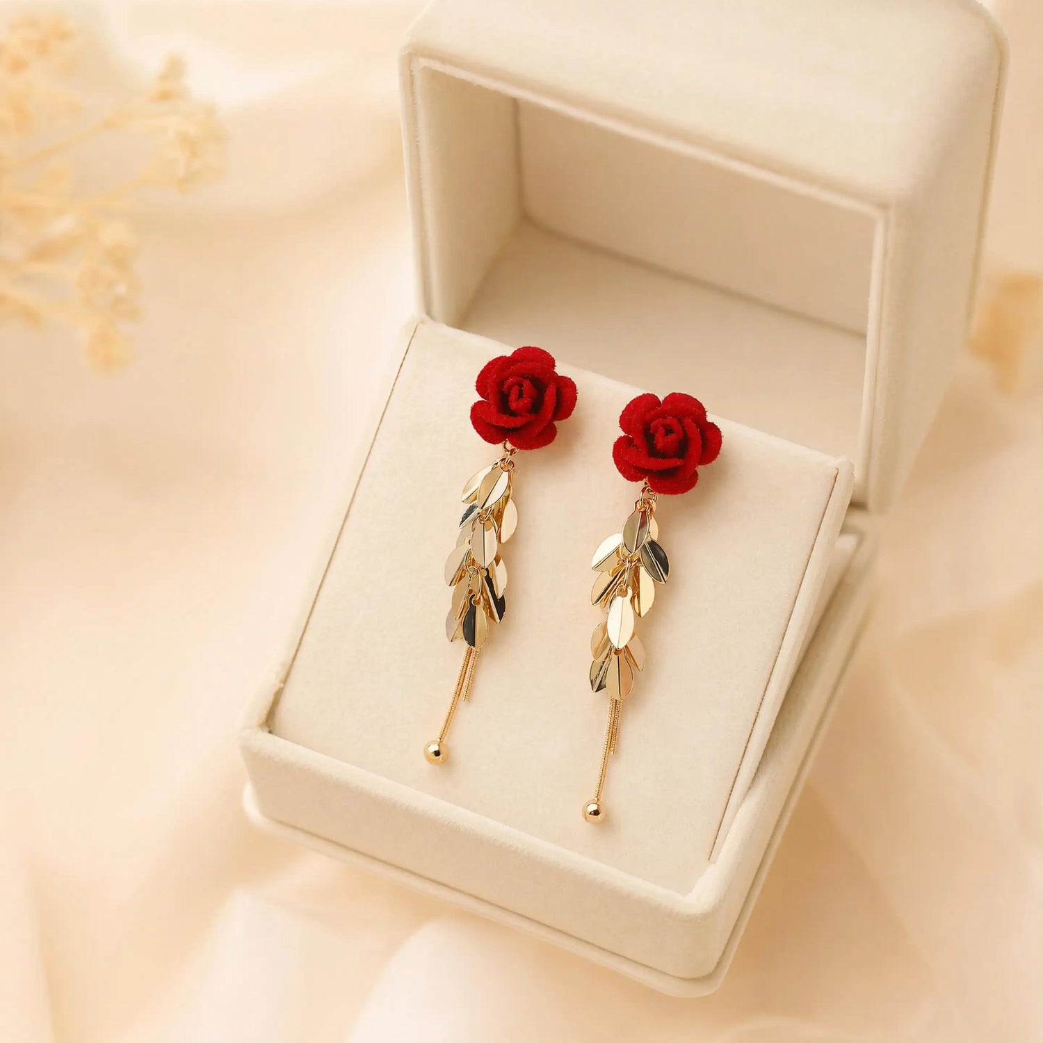 French Retro Heart Red Rose Drop Earrings