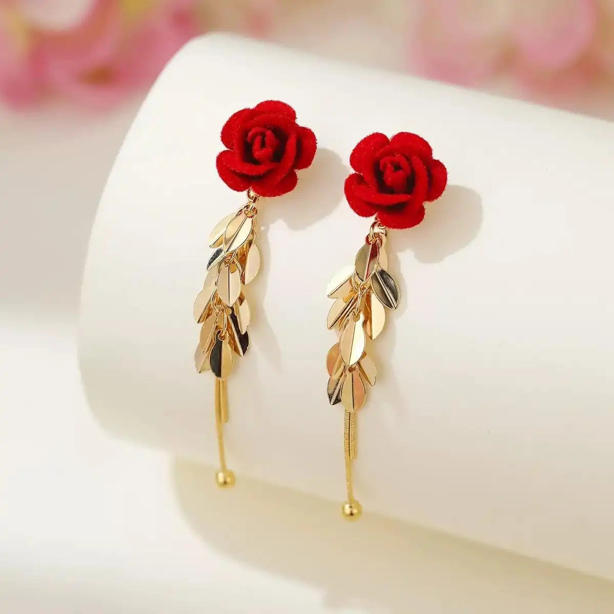 French Retro Heart Red Rose Drop Earrings