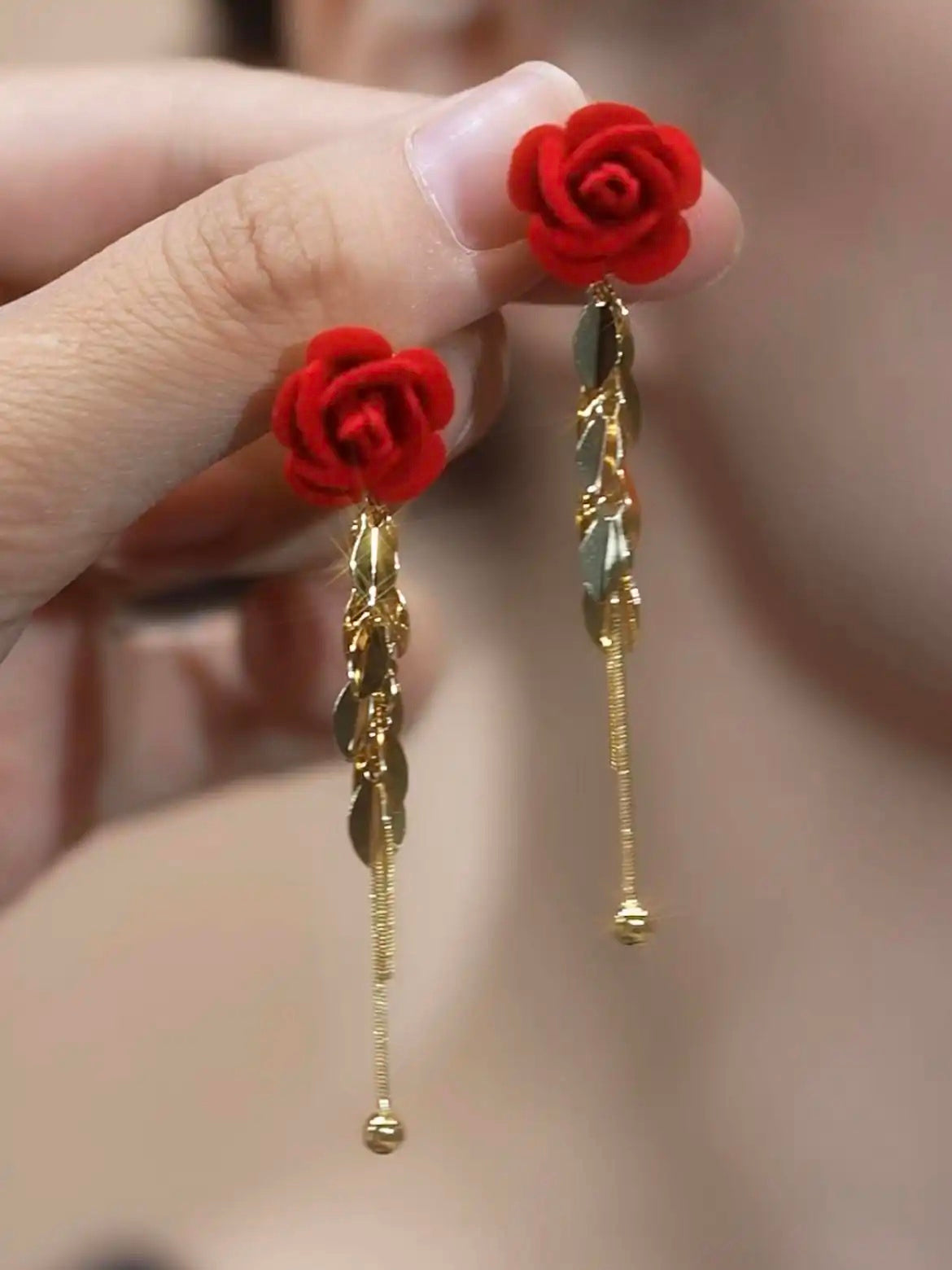 French Retro Heart Red Rose Drop Earrings