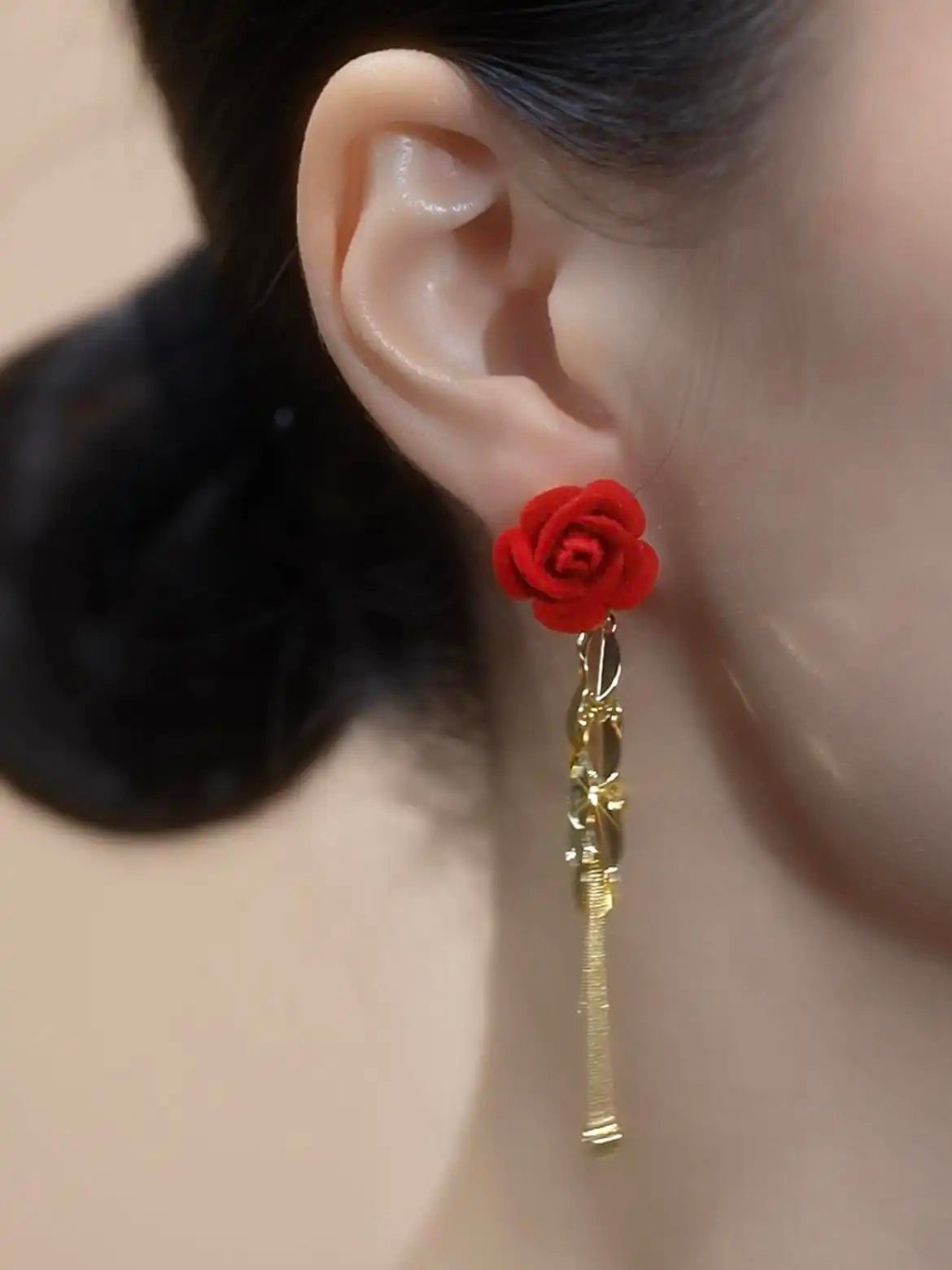 French Retro Heart Red Rose Drop Earrings