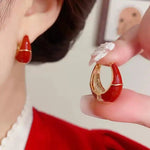 French Retro Minimalist Red Geometric Hoop Earrings