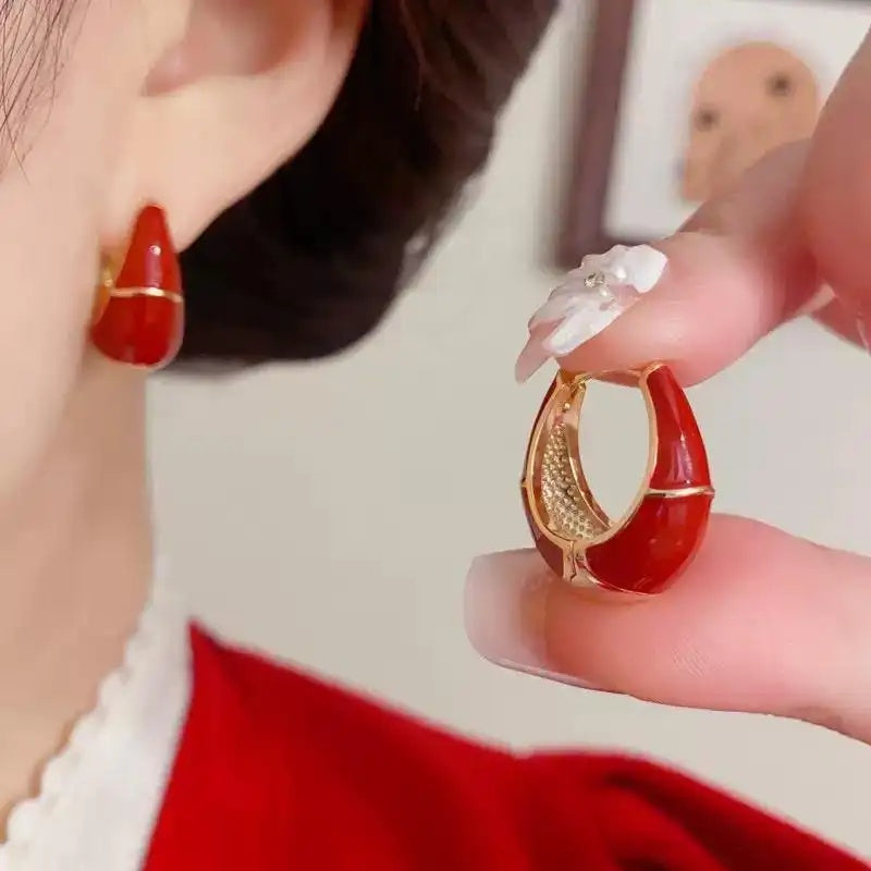 French Retro Minimalist Red Geometric Hoop Earrings