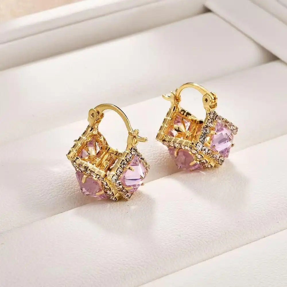 French Retro Square Crystal Clip Earrings