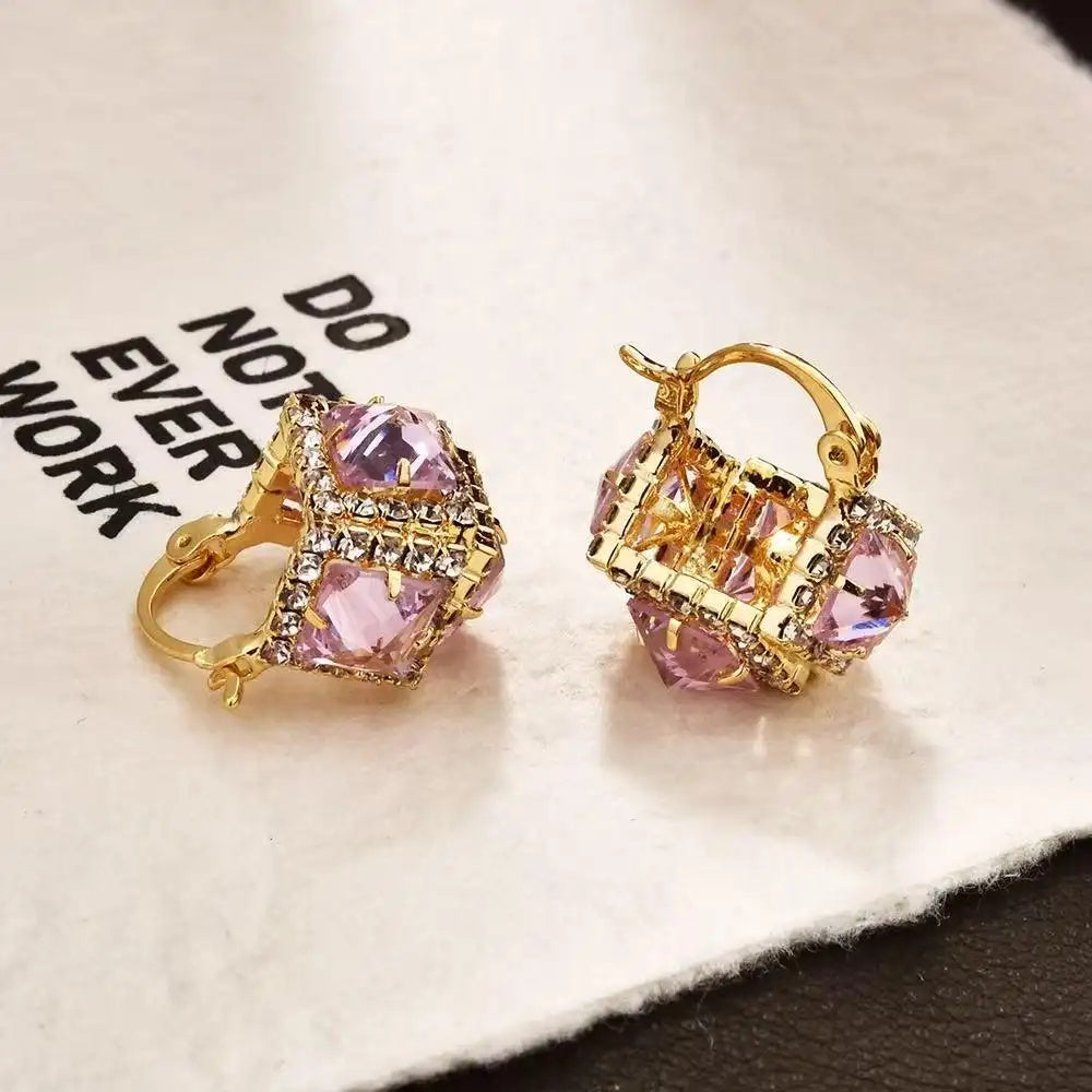 French Retro Square Crystal Clip Earrings