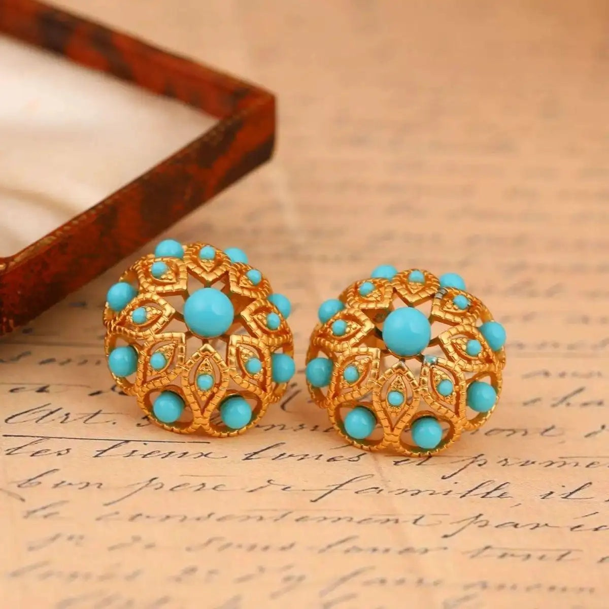 French Retro Turquoise Textured 3d Earrings