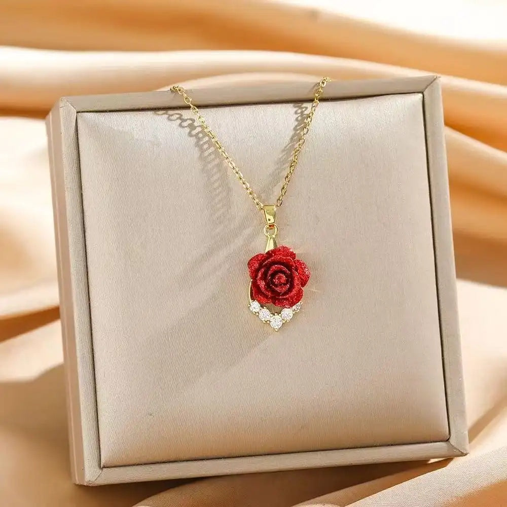 French Romantic Gold Rose Flower Necklace