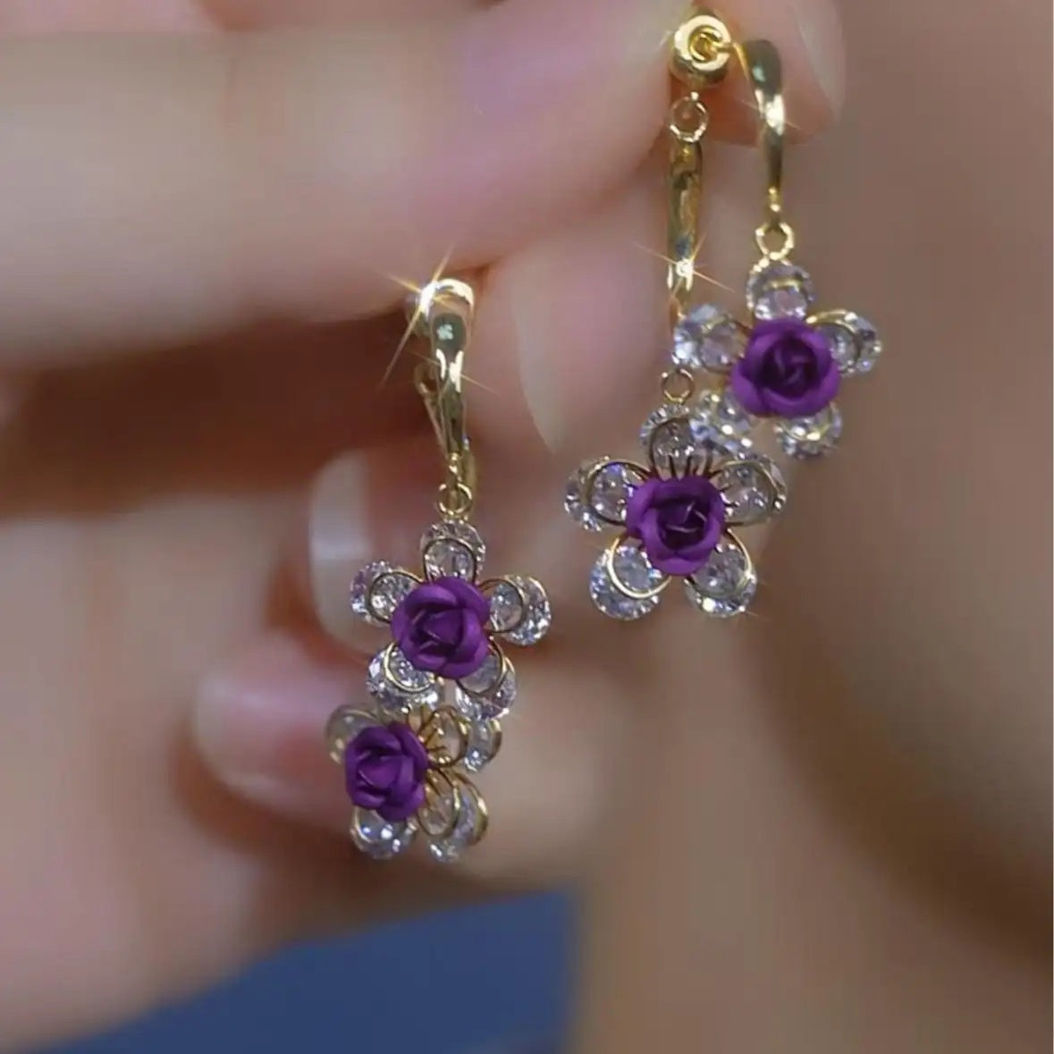 French Rose Flower Crystal Earrings